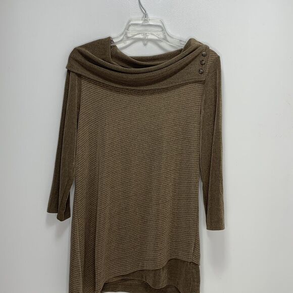 Chicos Travelers Womens Slinky Knit Brown Gold Ribbed Asymmetric Hem Top Sz 0 S - Picture 4 of 10